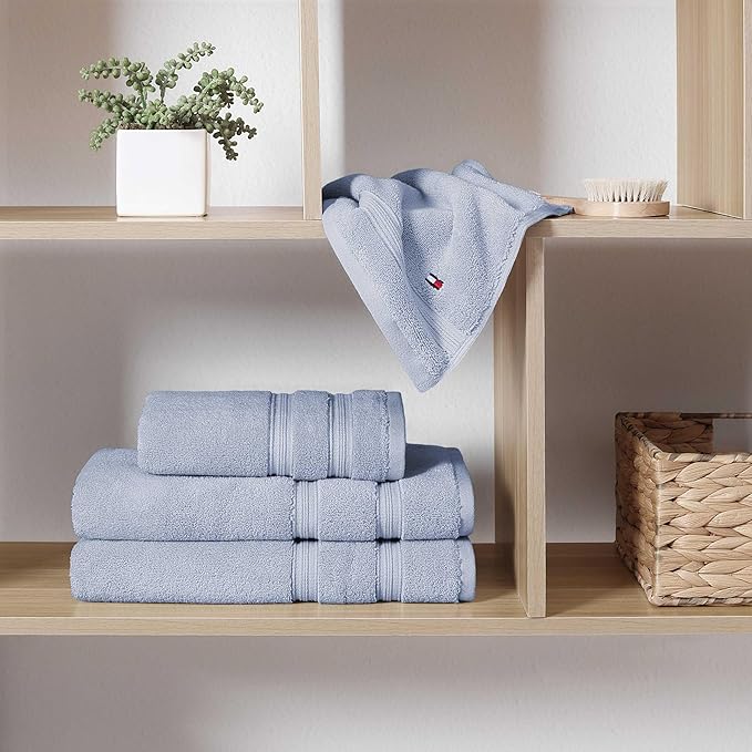 Tommy Hilfiger - Bath Towels, 100% Soft & Absorbent Plush Cotton with Zero Twist Constructions, Quick Dry and Medium Weight Bathroom Towels (Harborside Solid Light Blue, 6 Piece)