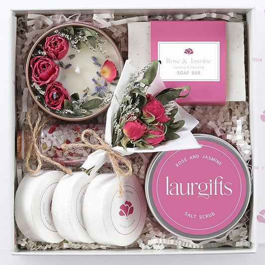 Spa Gift Set for Women – Small Self Care Gift Box with Relaxing Rose & Jasmine Scent – Bath Gift for Birthday, Christmas & Thank You – Elegant Spa Gift for Mom, Wife, Sister or Friend
