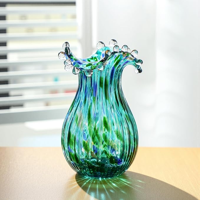 Green Glass Bubble Vase for Flowers, 8.5" Blown Glass Vase for Home Decor, Modern Art Flower Vases Decorative | Table Centerpiece, Olive Plant, Wedding, Living Room, Bookshelf, Office, Entryway