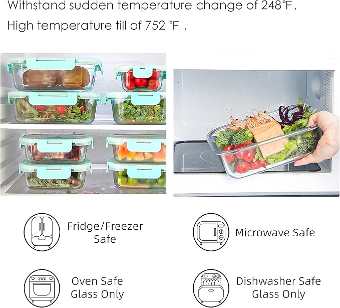 10 Pack Glass Storage Containers For Food, Airtight Meal Prep Containers with Lids Leak-proof, Glass Lunch Boxes Microwave, Freezer & Dishwasher Safe (34oz & 12oz)