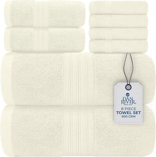 DAN RIVER 8 PC Luxury Bath Towels for Bathroom, 2 Bath, 2 Hand, and 4 Wash Cloths, 600 GSM 100% Ring Spun Cotton Towel Set, Highly Absorbent, Gym, Hotel, and Spa, Ivory