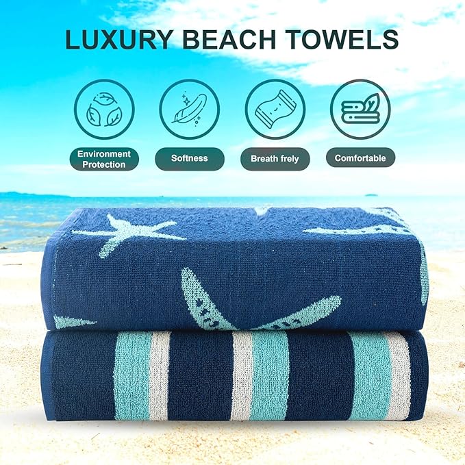 CASA COPENHAGEN Miami Bath Towels Designed in Denmark Rough and Tough, Quick Dry, for Pool, Bath & Shower 30"x60", 2 Pieces Cotton Beach Towels Set - Star Fish Navy + Turquoise Stripe