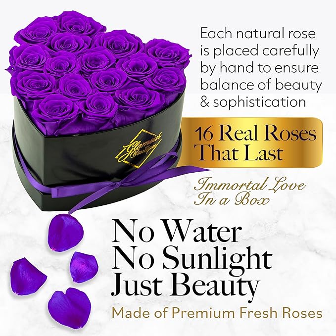 GLAMOUR BOUTIQUE 16 Flower Forever Heart Shape Box - Preserved Roses Gift for Her, Preserved Flowers, Purple