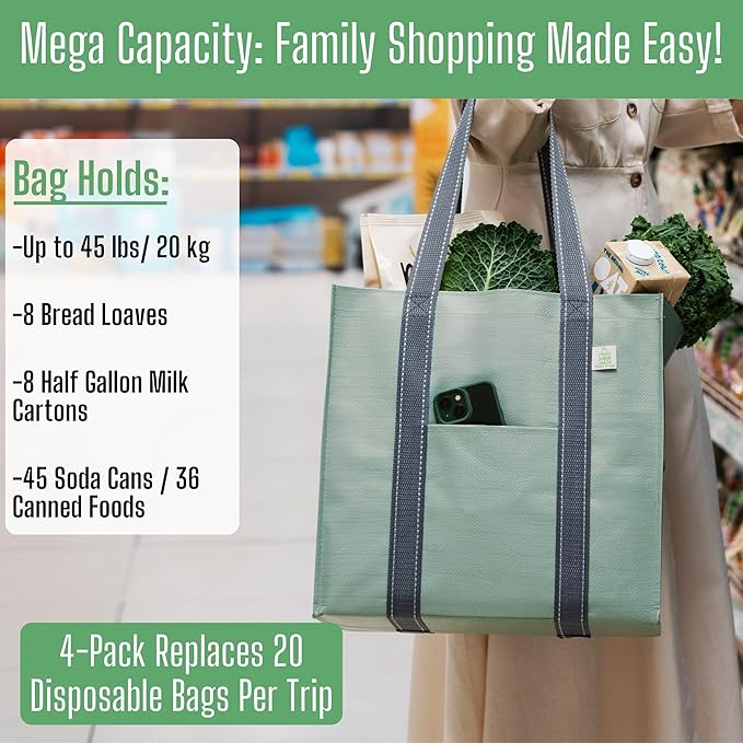 VENO 4 Pack Reusable Grocery Bags, Heavy-Duty Shopping Bags with Handles, Bags for Shopping Cart with Hard Bottom to Stand Upright, Foldable, Multi-Purpose(Light Green, 4 Pack)
