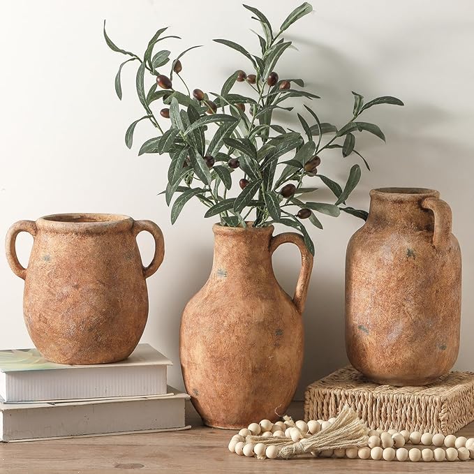 Ceramic Flower Vase Home Decor - 7.1 Inch Rust Table Flowers Vases Living Room Bedroom Plant Decorations Modern Farmhouse Vintage for Kitchen Shelf Office Coffee Dining Desk House Women