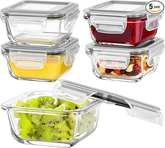 Vtopmart 5Pack 5oz Small Glass Storage Containers with Lids, Glass Meal Prep Food and Sauce Container Sets with Snap Airtight Lids for Microwave, Oven, Freezer and Dishwasher, Grey