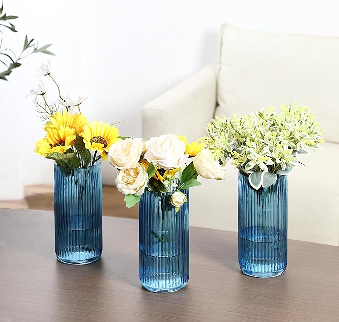 Blue Glass Vases, Flower Vases Set of 3, Ribbed Glass Vase for Tulips, Tall Cylinder Glass Vases for Living Room, Bedroom, Dining Table, Office, Wedding, Bookshelf Decoration, 8 Inches