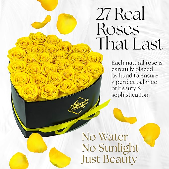 GLAMOUR BOUTIQUE 27 Flower Forever Heart Shape Box - Preserved Roses Gift for Her, Preserved Flowers, Yellow