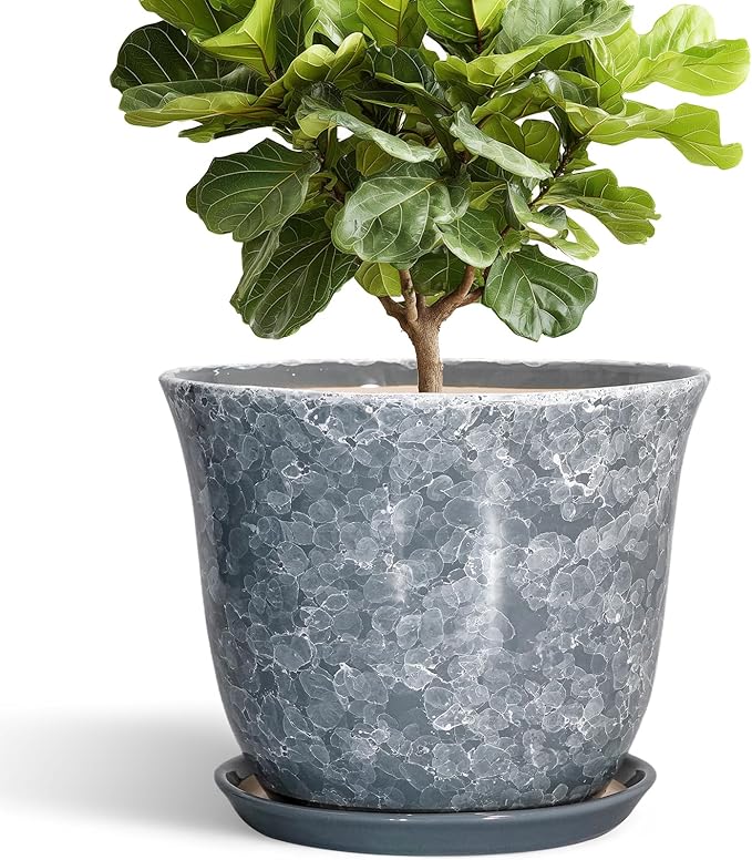 Ceramic Plant Pots - 12 Inch Plant Pot with Drainage Hole and Saucer, Round Planter for Indoor Outdoor, Modern Decorative Planters, Large Flower Pots, Home Decor, Housewarming Gifts, Grey