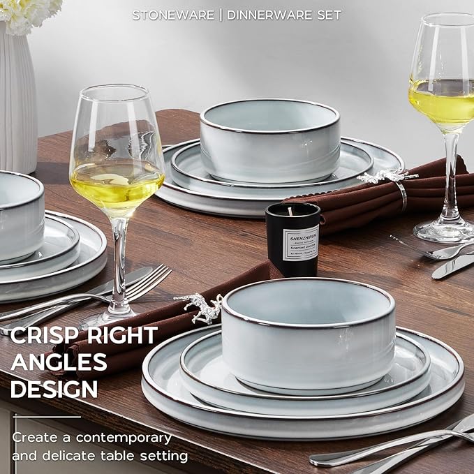 Onader Stoneware Dinnerware Sets, 12 Piece Plates and Bowls Dish Sets for 4, Ceramic Dishware Dining Ware with Rustic Terracotta Bottom - Glacier White