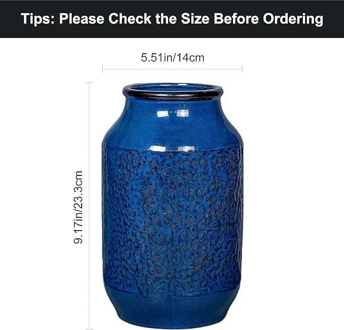 Blue Vase for Decor, 9 inch Ceramic Flower Vase, Modern Decorative Vases Home Decor, Bathroom Bedroom Office Living Room Shelf Decoration