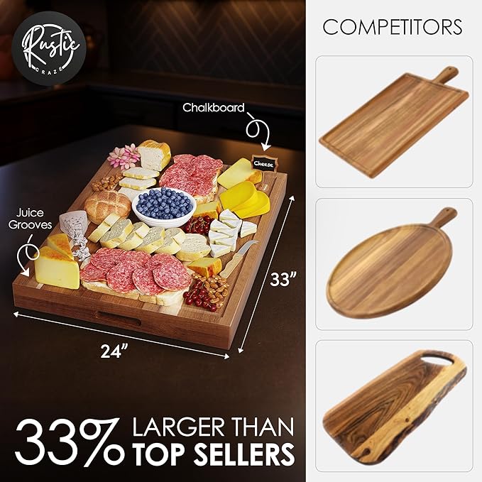 33"x 24" EXTRA LARGE Acacia Wood Cutting Board for Kitchen w/Juice Grooves, Tray Handles, Gift Box, Butcher Block, Serving & Charcuterie Tray, 10 Chalkboard Labels w/Chalk Pens