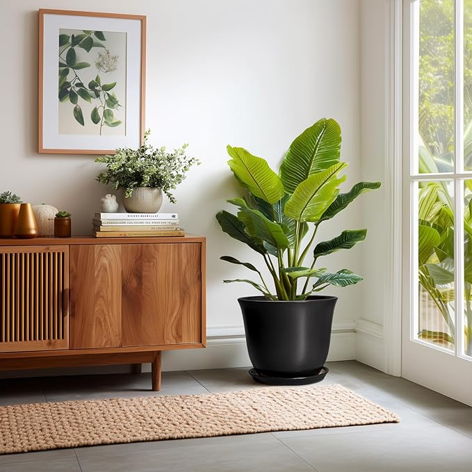 Ceramic Plant Pots - 12 Inch Plant Pot for Indoor Plants Outdoor, Large Planter with Drainage Hole and Saucer, Round Planters, Modern Flower Pot, Garden Patio Home Decor, Garden Gift, Black