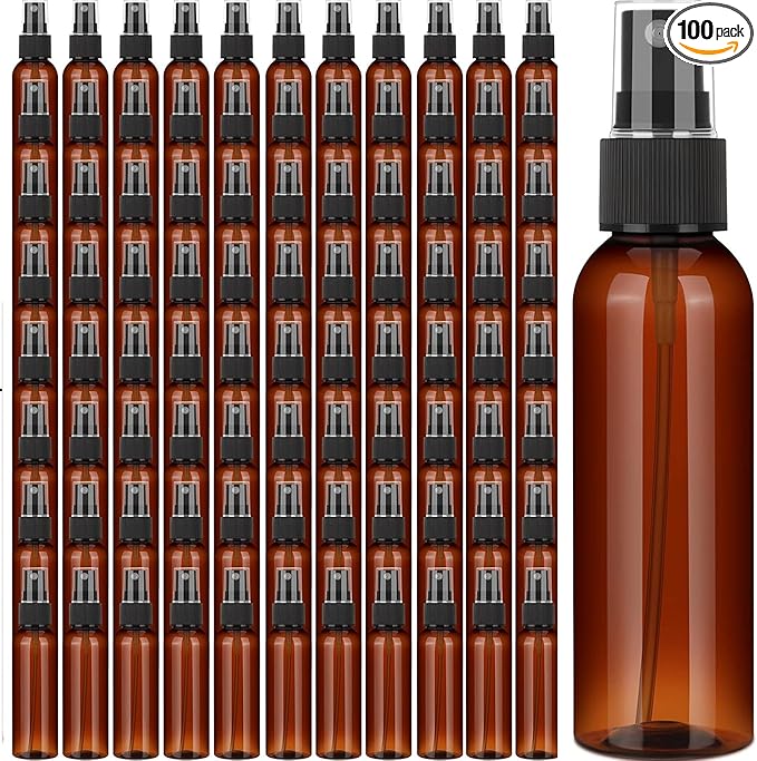 100 PCS 3.4 oz Plastic Spray Bottles with Fine Mist Nozzles for Essential Oil Travel and Refillable Cosmetic Use(Amber)