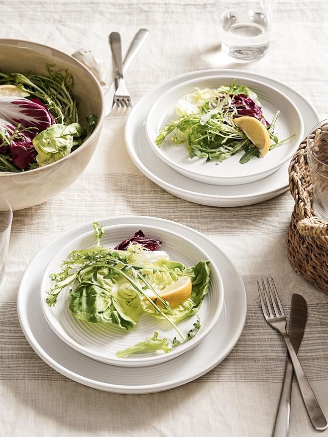 LE TAUCI Dishes Set with Pasta Bowls for 4, Stoneware Dinnerware Set, 10" Dinner & 8" Salad Plates, 6" Bowls, 8.5" Pasta (30 oz), Stackable, Microwave & Dishwasher Safe Ceramic, 16-Piece, White