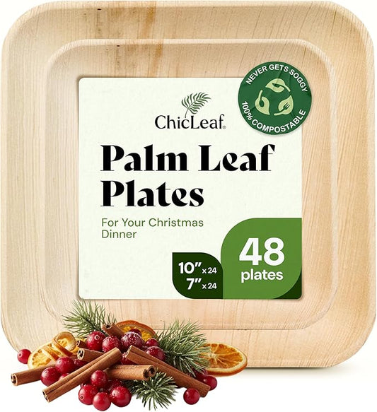 Chic Leaf Compostable & Biodegradable Palm Leaf Disposable Bamboo Plates - Disposable Party Plates for Appetizers - Christmas Meal Dinner, Turkey Holiday Food - Reusable Supplies (10 & 7 Inch Square)