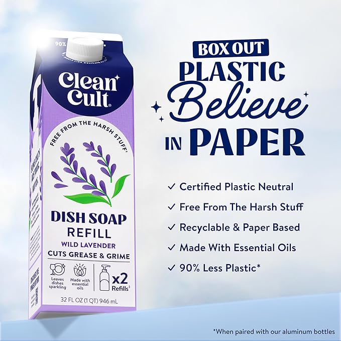 Cleancult Dish Soap Liquid Refill (32oz, 1 Pack) - Plant Based Cleaning Power - Dish Soap that Cuts Grease & Grime - Free of Harsh Chemicals - Uses 90% Less Plastic - Wild Lavender