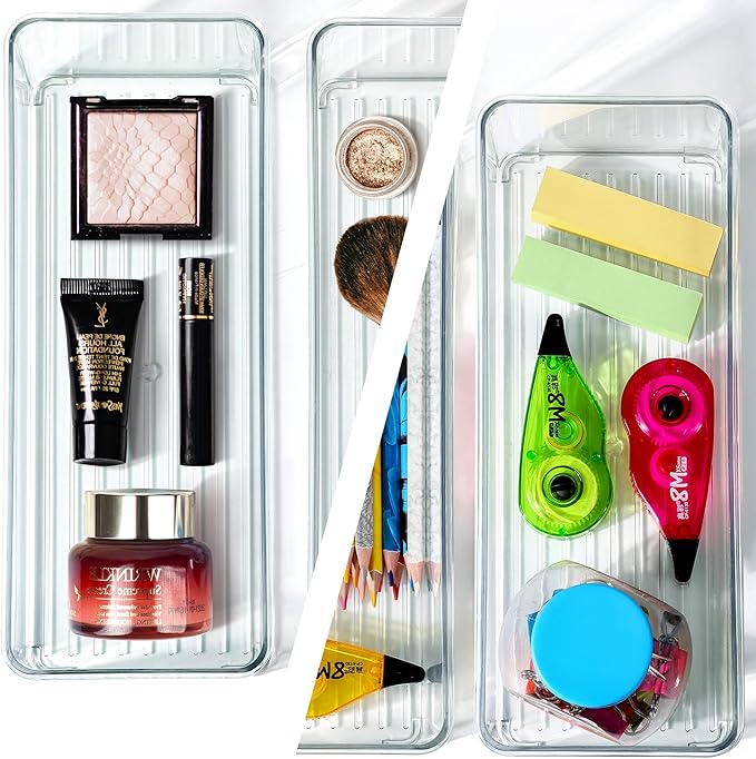 8 PACK Clear Organizer Bins Deep Drawer Organizer Bins Stackable for Cutlery Vanity Storage Bins for Bathroom Kitchen Office Desk Organizing