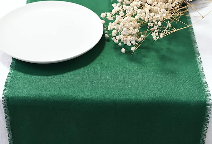 Christmas Table Runner with Fringe- 14x72 Inch Green, 100% Pure Linen Christmas Runner for Table, Green Table Runner for Winter – Machine Washable, Handmade