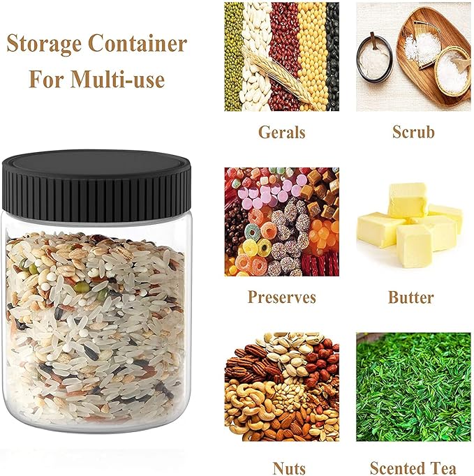 8 Oz Clear Plastic Jars with Black Lids Refillable Kitchen Storage Containers for Dry Food, Coffee, Nuts and More, 6 Pack