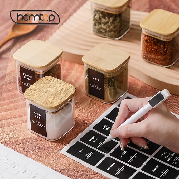 12Pcs 4oz Spice Jars with 275 Labels, Small Seasoning Glass Container Empty Organizer with Bamboo Lid Set for Pepper, Salt, Sugar