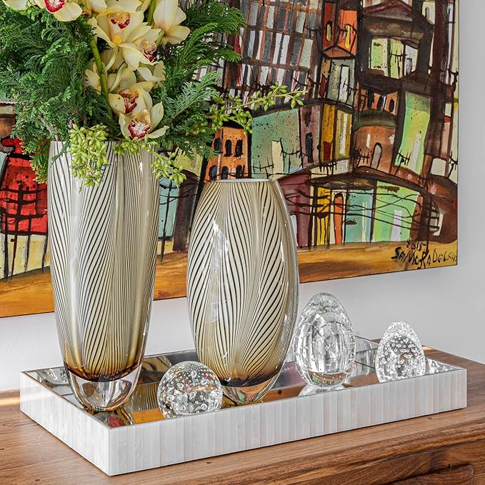 Ca D Oro Murano Style Glass Vase Amber Feather Pattern Hand Blown Art Glass for Flower, Room Decoration and Centerpiece - Model 54 MS