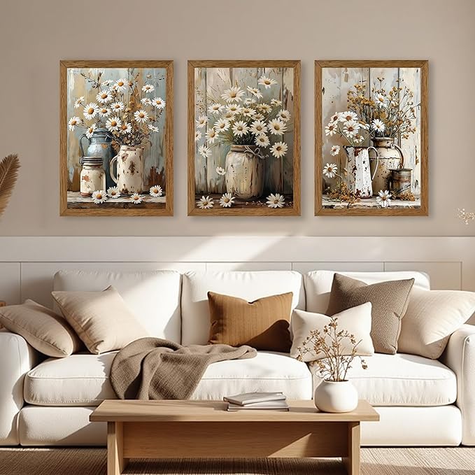InspiredHues 3 Piece Elegant Farmhouse Canvas Wall Art, Vintage Floral Pictures Wall Decor, Nature Themed Daisy Artwork Prints for Living Room Bedroom Kitchen Home Decoration 16x24 Inch Wood Framed