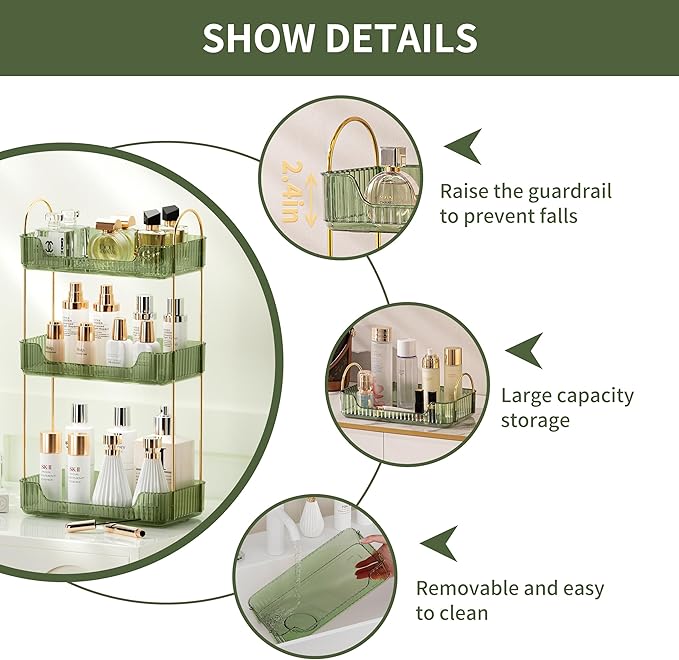 3 Tier Bathroom Organizer Countertop Makeup Perfume Tray Skincare Organizer for Bathroom Dresser Vanity (Green)