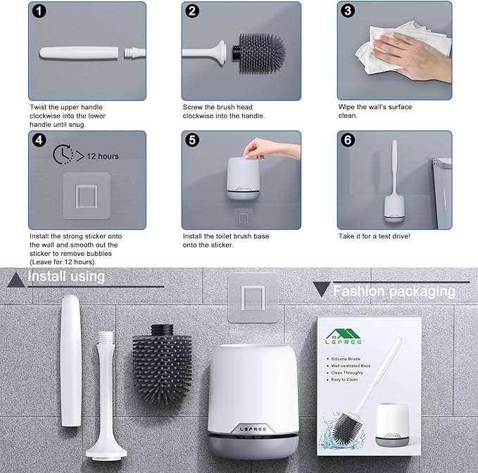 Lefree Silicone Toilet Brush and Holder,Bathroom Cleaner Brush Set,Non-Slip Handle Toilet Bowl Brush with TPR Soft Bristle,Wall Mounted/Floor Standing