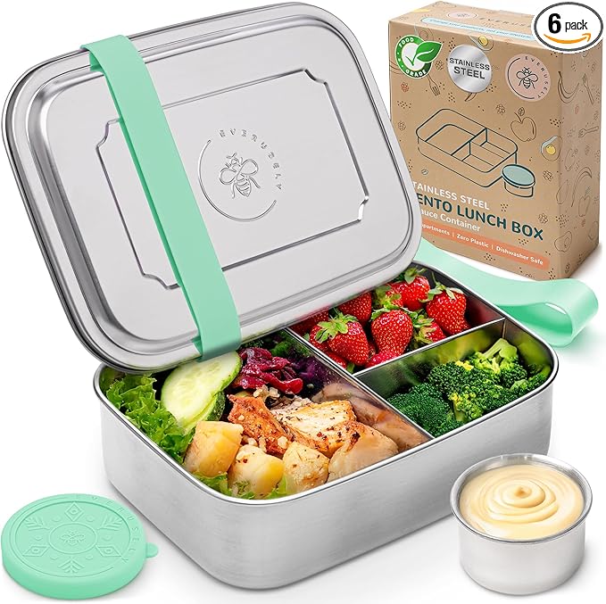 Everusely - Bento Box - Green, 60oz / 1.8 L - Stainless Steel Lunch Box with Leakproof Condiment Container - 3 Compartment Snack Organizer for On the Go Meals - Freezer & Dishwasher Safe