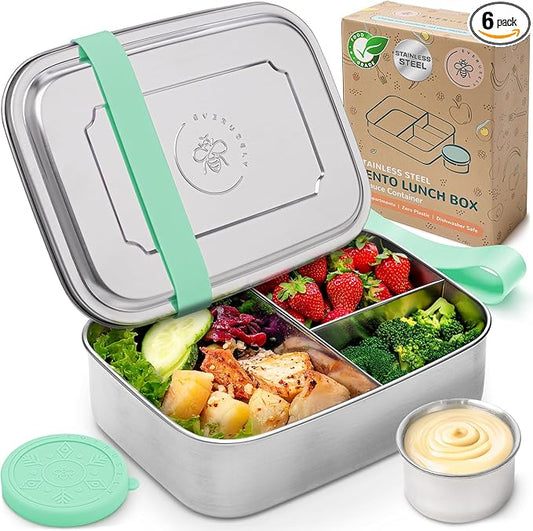 Everusely - Bento Box - Green, 60oz / 1.8 L - Stainless Steel Lunch Box with Leakproof Condiment Container - 3 Compartment Snack Organizer for On the Go Meals - Freezer & Dishwasher Safe