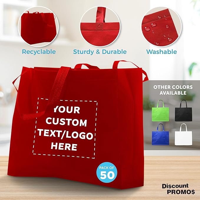 DISCOUNT PROMOS Custom Jumbo Sized Tote Bags Set of 50, Personalized Bulk Pack - Reusable Grocery Bags, Shopping Bags, Promotional Item Totes for Women - Red