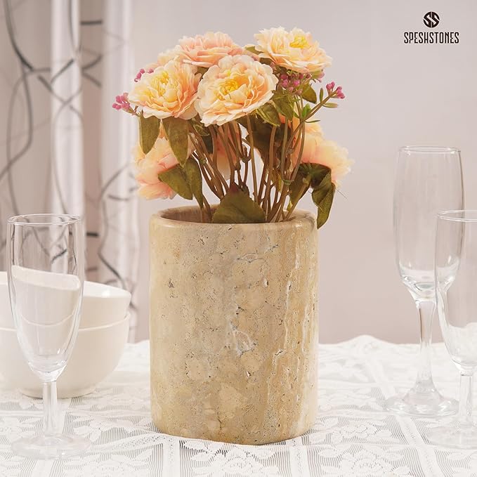 Marble Utensil Holder 6.5 Inch Wooden Cooking Utensils Set & Spatula Organizer for Kitchen Counter Decor - Travertine Utensil Crock & Stone Caddy for Spoon Holder & Modern Farmhouse Decor