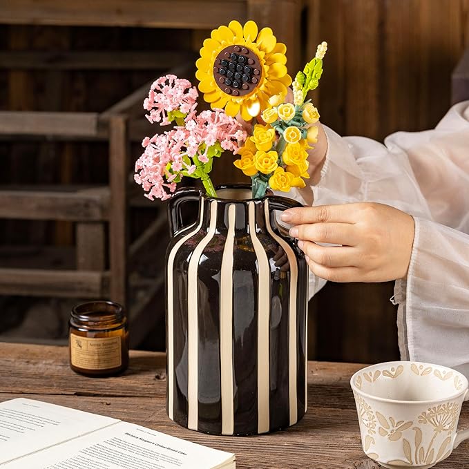 Black and White Vase with Handles, Ceramic Modern Flower Decorative Vases for Home Decor, Mantle, Rustic Table Centerpiece, Large Vases for Decor Living Room, Black Stripes Vase for Bouquet 9.1 in
