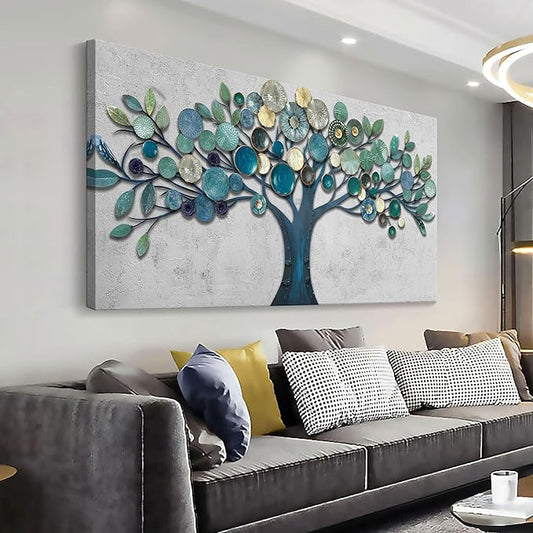CHATYOUNG Large Canvas Wall Art - Wall Pictures Artwork for Living Room Tree of Life Blue Gold Leaves Gray Background Paintings Bedroom Dining Room Office Kitchen Home Decor 58"x29"