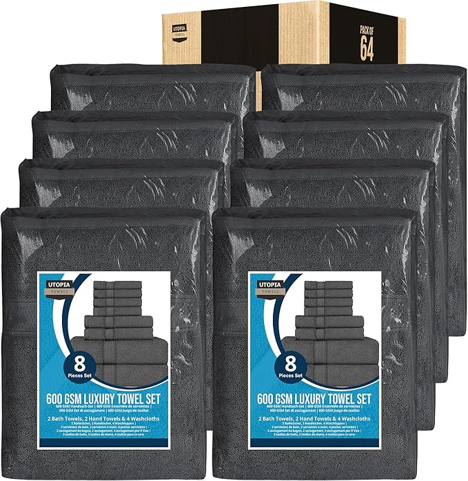 Utopia Towels Set, 16 Bath Towels, 16 Hand Towels, and 32 Washcloths, 600 GSM Ring Spun Cotton Highly Absorbent Towels for Bathroom, Shower Towel, (Pack of 64) (Grey)