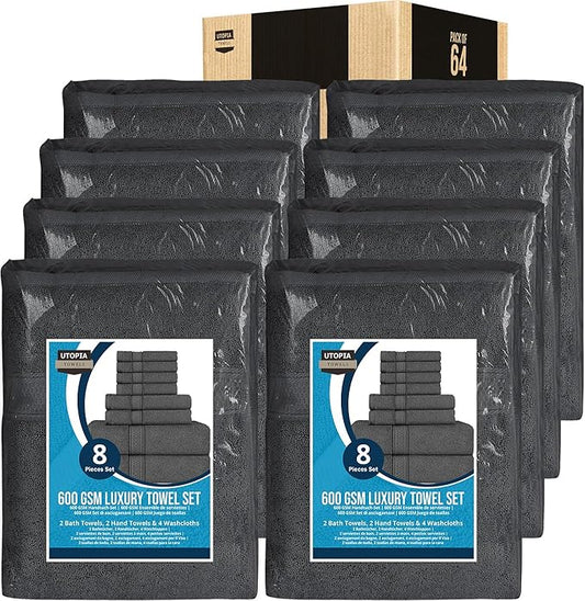 Utopia Towels Set, 16 Bath Towels, 16 Hand Towels, and 32 Washcloths, 600 GSM Ring Spun Cotton Highly Absorbent Towels for Bathroom, Shower Towel, (Pack of 64) (Grey)