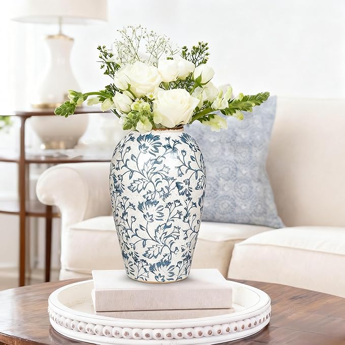 Ceramic Vintage Flower Vase, 9.8 Inch White and Blue Rustic Vases for Home Decor, Handcrafted Farmhouse Tall Vases for Living Room, Table, Bathroom, Chinoiserie Decoration