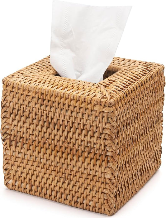 Rattan Tissue Box Cover Square, Wicker Tissue Box Holder, Decorative Woven Facial Tissue Holder for Bathroom, Kitchen, Living Room, Bedroom (Natural)