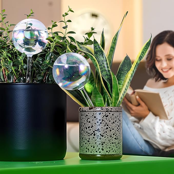 6.4 oz Medium Plant Self Watering Globes, Light Iridescent Glass Water Bulb for Indoor Plants Vacation Use, Automatic Plant Waterer, Watering Spikes Stakes, Perfect Gardening Gifts, 2 Pack