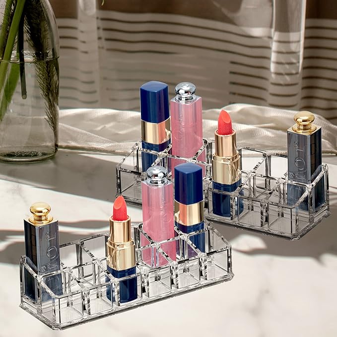 Amazing Abby - Glamour - 2-Pack 12-Slot Acrylic Lipstick Organizer, Lipstick Holder, Lip Gloss Holder, Cosmetic Storage Display, Perfect Storage Solution for Drawer and Vanity (Slot Size: 0.9" x 0.9")