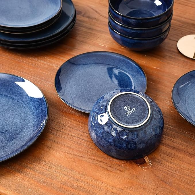 Vicrays 12-Piece Ceramic Dinnerware Set, Dinner Plates, Salad Plates & Cereal Bowls, Dish Set for 4, Microwave, Oven & Dishwasher Safe, Scratch Resistant, Blue