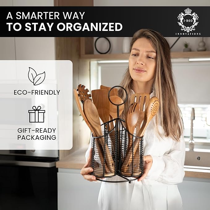 360° Rotating Kitchen Utensil Holder- 3 Compartment Organizer with Cork Bottoms | Includes Premium 9-Piece Acacia Wood Utensil Set | Professional & Home Luxury Design | Metal Utensil Crock (Black)