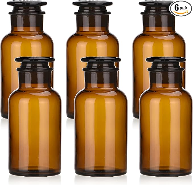 Lab Glass Reagent Bottle,Wide Mouth Glass Storage Bottle with Ground Stopper,Decorative Bottles/Vase (Amber, 6 * 500ML)