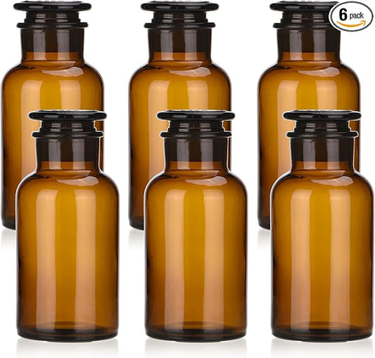 Lab Glass Reagent Bottle,Wide Mouth Glass Storage Bottle with Ground Stopper,Decorative Bottles/Vase (Amber, 6 * 500ML)