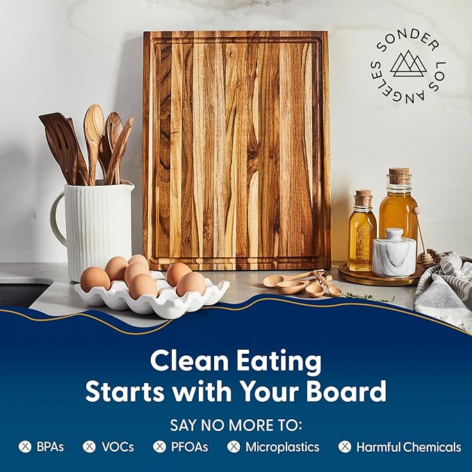 Sonder Los Angeles, Large Teak Wood Cutting Board for Kitchen with Juice Groove, Reversible Charcuterie Butcher Block 18x14x1.25 in (Gift Box Included)