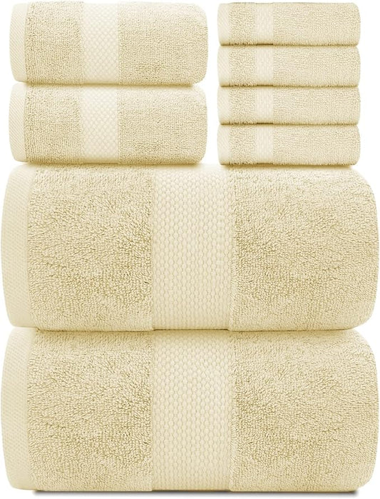 White Classic Luxury Bath Towel Set of 8 Pieces - 100% Turkish Cotton Highly Absorbent Towels for Bathroom, 2 Luxury Bath Towels 700GSM, 2 Hand Towels, 4 Washcloths, Beige