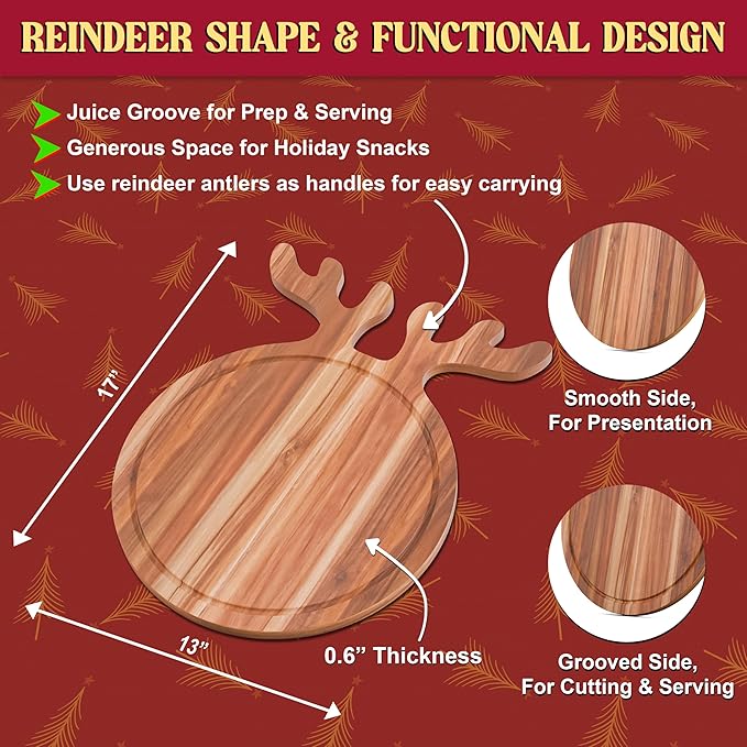 New – Reindeer Charcuterie Board – Acacia Wood Christmas Cutting Board (17x13in) Holiday Serving Tray, Winter Cheese Board, Wooden Christmas Platter & Kitchen Decor Gift for Festive Entertaining