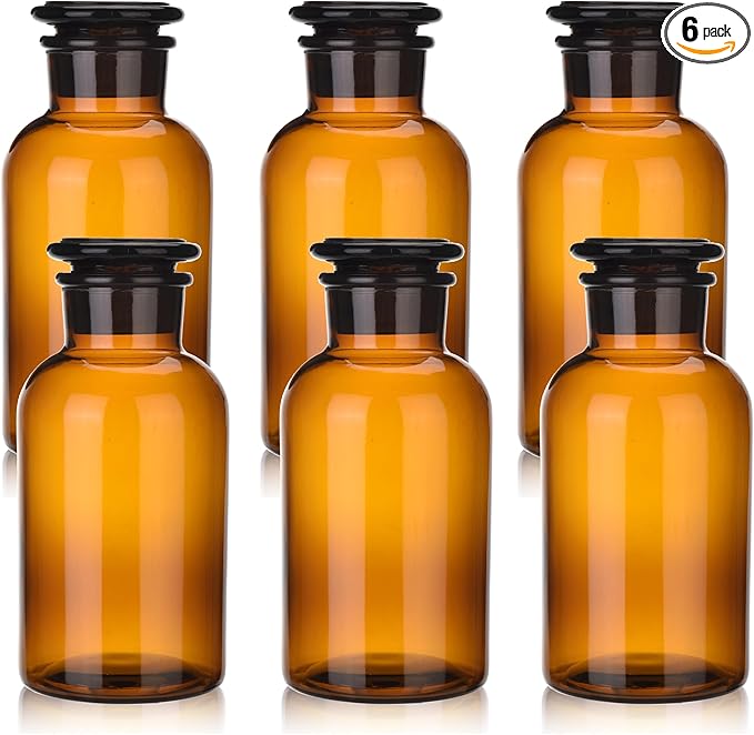 6 Packs Lab Glass Reagent Bottle,Wide Mouth Glass Storage Bottle with Ground Stopper,Decorative Bottles/Vase