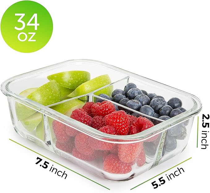 PrepNaturals 4 Pack 34 Oz Glass Meal Prep Containers - Dishwasher Microwave Freezer Oven Safe - Glass Storage Containers with Lids (Multi-Compartment)